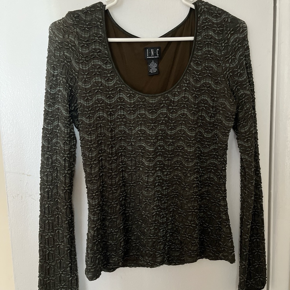 INC International Concepts Green Ribbed 3/4 Long Sleeve Blouse